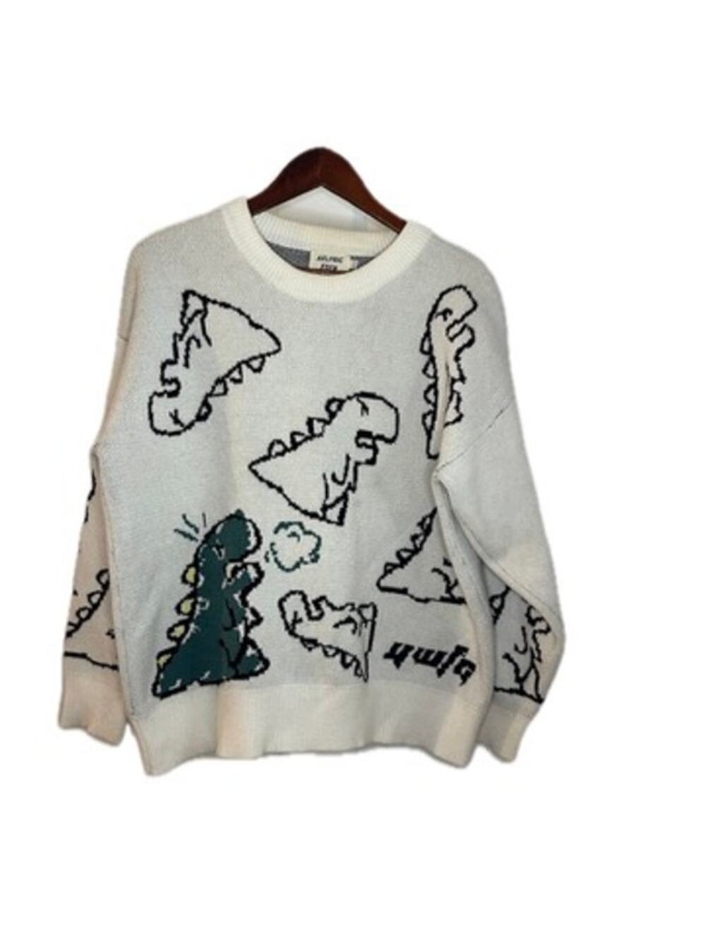 Aelfric Eden Dinosaur Sweater Large Cream Oversized Graphic Knit Pullover Y2K